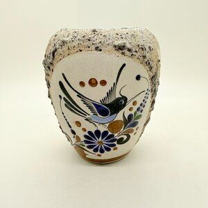 Vintage Tonala Mora Mexico Folk Art Pottery Bird Flowers 4” Bud Vase Textured